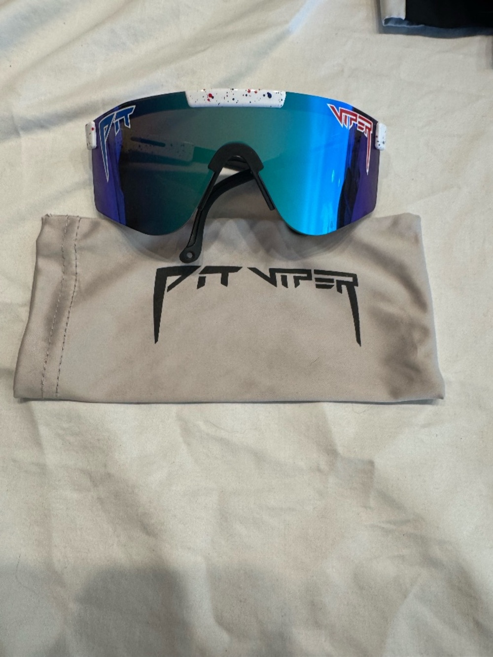 Pit Viper The 2000s Sunglasses Blue Mirror White Splatter Shield + Pouch